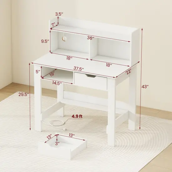 Costway Computer Desk with Power Outlets and USB Ports & Type-C Hutch Open Shelf Drawer Black/White {3}