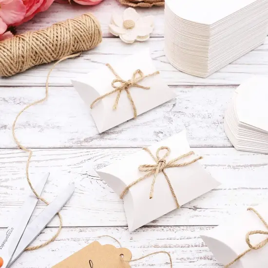 Mini Paper Pillow Gift Box Set with Jute Twine (3.5 x 2.5 x 1.25 Inches, 100 Pack) White {2}