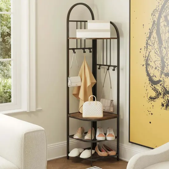 Costway 4-Tier Coat Rack Corner Hall Tree with Shoe Storage Bench 6 Removable Hooks Bedroom Brown/Natural/White {9}