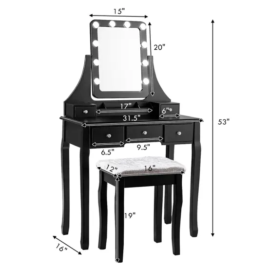 Costway Vanity Dressing Table Set w/ 10 Dimmable Bulbs Touch Switch Cushion Stool White\Black\Brown {11}