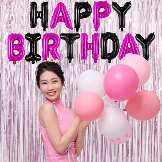 16 Inch Black & Hot Pink Happy Birthday Balloons Banner {3}