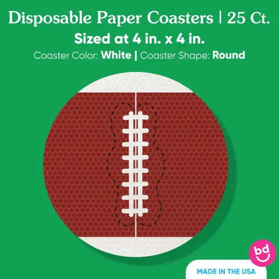 Big Dot of Happiness 25 Ct Football Drink Coasters, 4-Inch Disposable Round Paper Coasters for Birthday Party, Cocktail Table Decor for Bar Drinks {5}