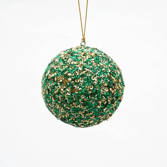 Sequins Lac Ball Hanging Ornament - Green & Gold - 4" {3}