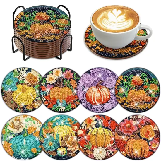 8 Pcs Fall Pumpkin Diamond Art Painting Coasters Kits {1}