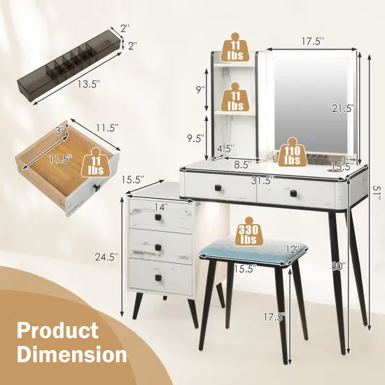 Costway Vanity Set with Dimmable Lighted Mirror 3 Lighting Modes {4}