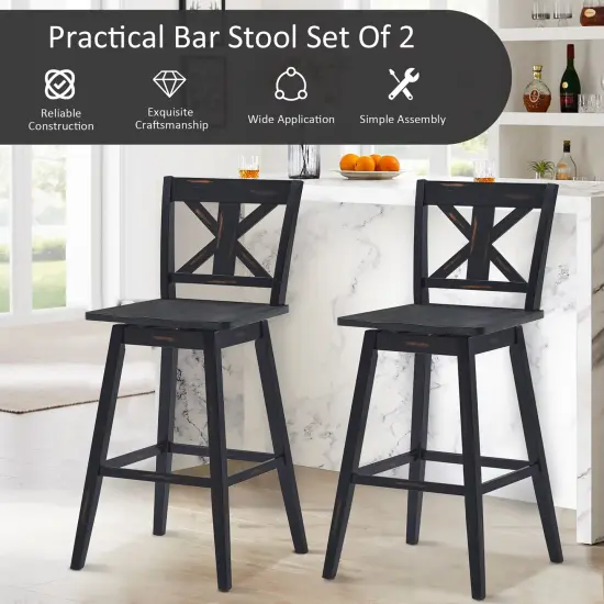 Costway Set of 2 Bar Stools Swivel Pub Height Chairs w/ Rubber Wood Legs White\Black {8}