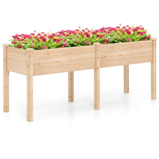 Costway Raised Garden Bed Elevated Fir Wood Planter Box with 2 Large Planting Areas Beige/Brown {2}