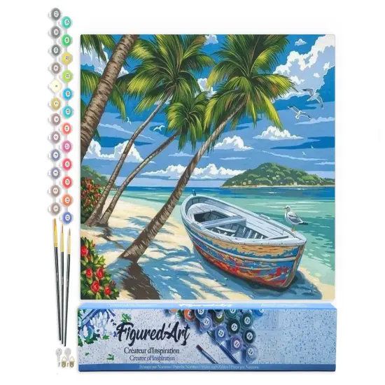 Figured'Art Paint by Numbers for Adults Boat under the Coconut trees 16"x20" - Craft Art Painting DIY Kit Rolled Canvas without frame {1}