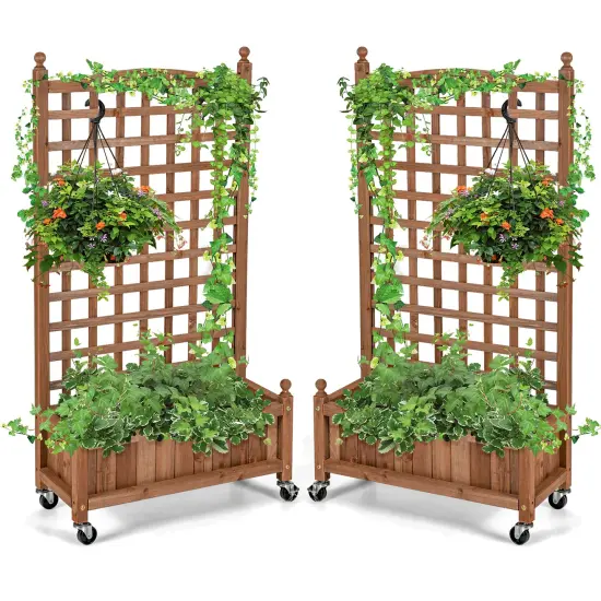 Costway 2PC 50in Wood Planter Boxw/Trellis Mobile Raised Bed for Climbing Plant {1}