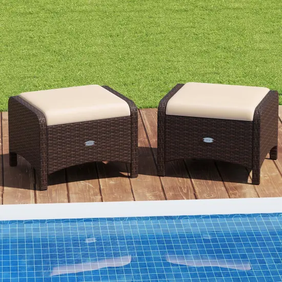 Patiojoy 2 Pieces Outdoor Patio PE Wicker Ottomans with Removable Cushions Footstools Beige/Navy {2}