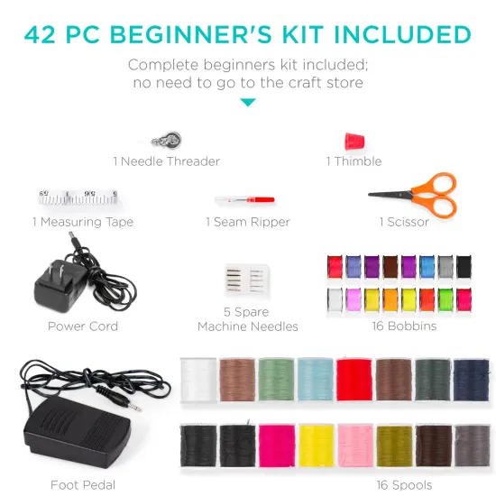 Best Choice Products 6V Portable Sewing Machine, 42-Piece Beginners Kit w/ 12 Stitch Patterns Teal/White {2}