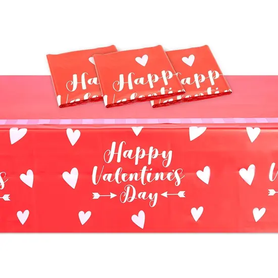 3 Pack Happy Valentines Tablecloth for Rectangular Tables, 54 x 108 in Disposable Plastic Table Cover for Valentines Table Decorations White {1}