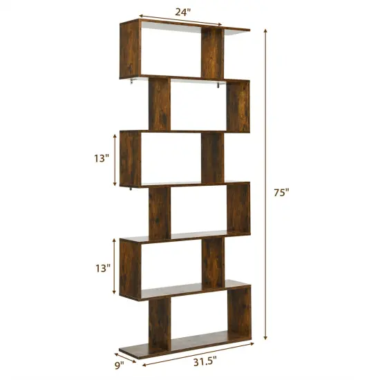 Costway 1/2 PCS 6 Tier S-Shaped Bookshelf Storage Display Bookcase Z-Shelf Coffee {4}