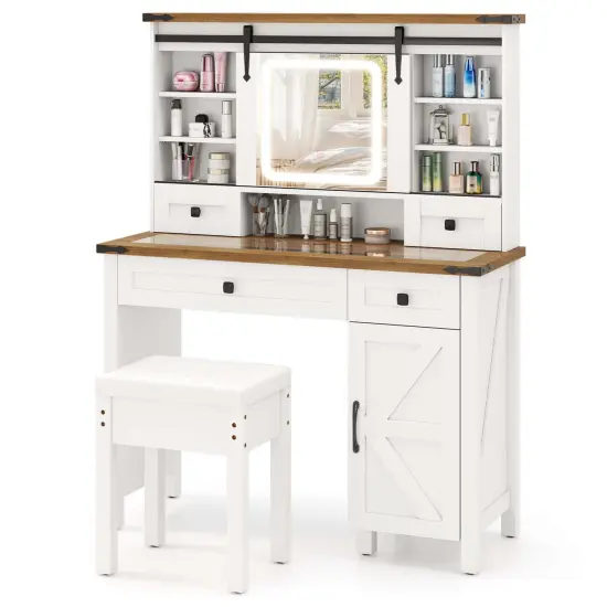Costway Farmhouse Vanity Desk with Sliding Mirror Makeup Vanity Table with 3 Lighting Modes {4}