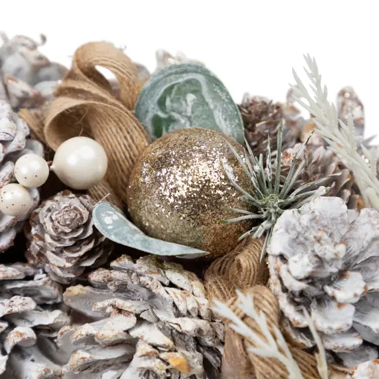 Northlight Glittered Pine with Burlap Bows Artificial Christmas Wreath - 14" - Unlit Beige {5}