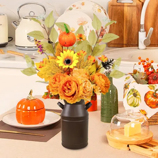 Artificial Fall Flowers with Metal Pot, Faux Silk Flower Arrangements {3}
