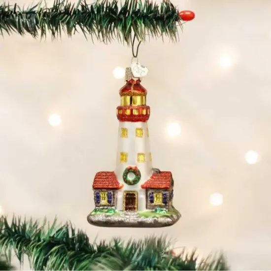 Old World Christmas 4.25 In Lighthouse. Christmas Tree Ornament , Ornament Guidance Ocean White {3}