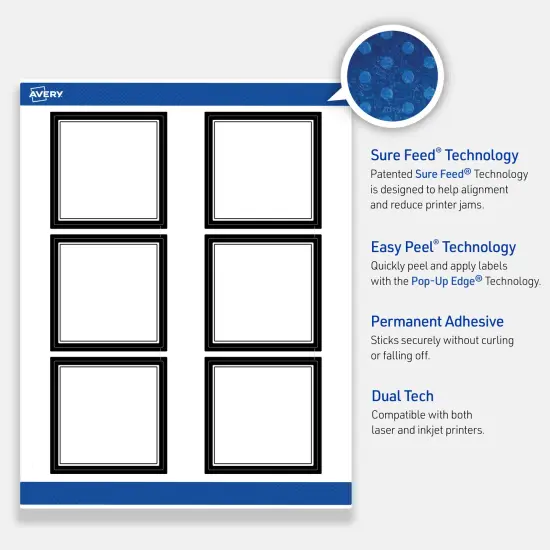 Avery Printable Square Labels, Double Black Border, 3" x 3", Matte White Square Labels, Permanent, Laser/Inkjet, 60ct, Great for Product Labels {3}