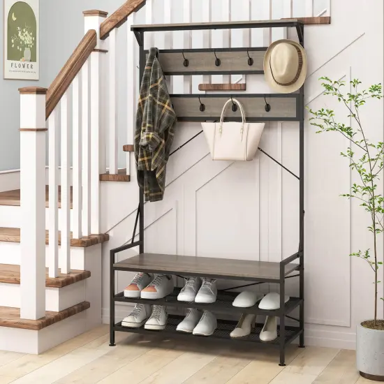 Costway Coat Rack 4-In-1 Hall Tree with 11 Hanging Hooks, Shoe Bench, 2-Tier Shoe Rack Gray/Brown {5}