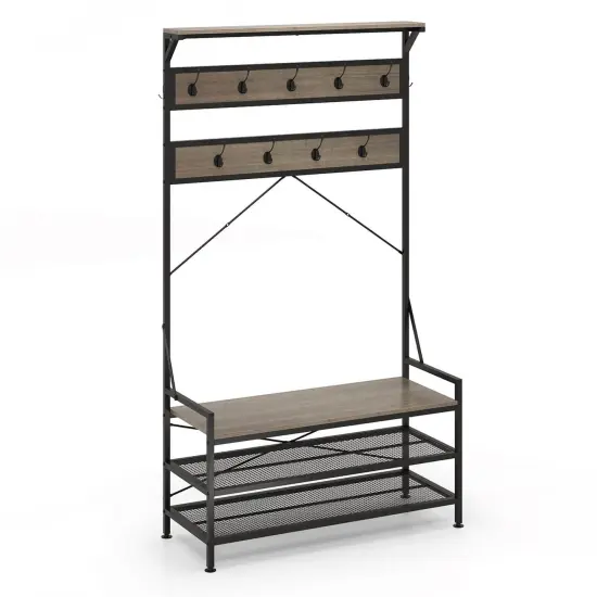 Costway Coat Rack 4-In-1 Hall Tree with 11 Hanging Hooks, Shoe Bench, 2-Tier Shoe Rack Gray/Brown {1}