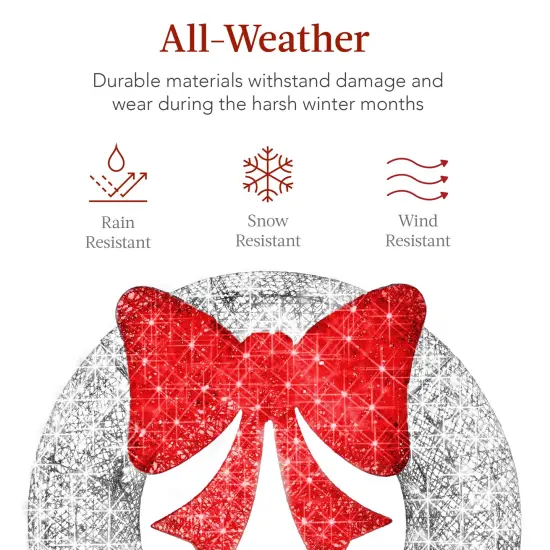 Best Choice Products 48in Pre-Lit Outdoor Christmas Wreath, LED Metal Holiday Décor w/ 140 Lights, Bow Silver/Red {5}