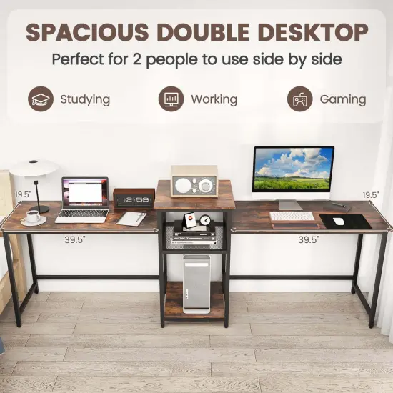 Costway 97 Inch Two Person Desk Double Computer Desk with Power Outlets Printer Stand {6}