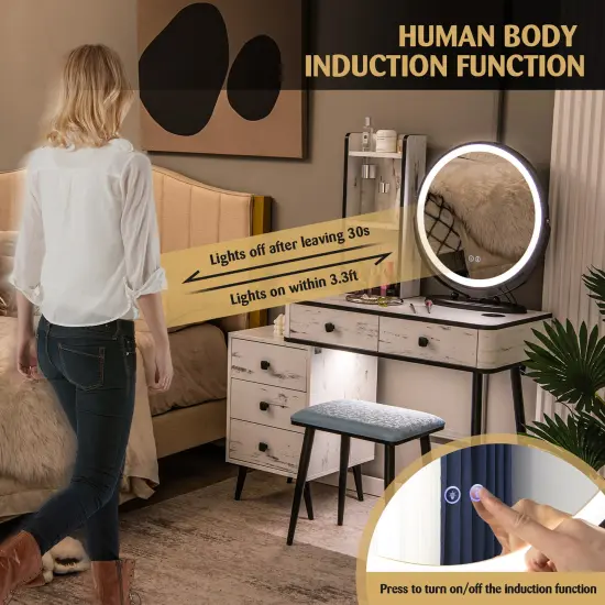 Costway Vanity Makeup Table Set 3-Color Dimmable Human Body Induction LED Light White\Brown {6}