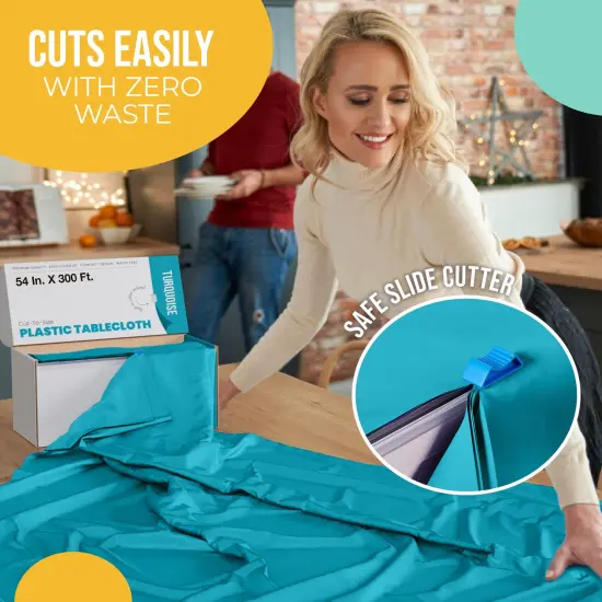  Party Solids 54" x 300' Plastic Table Cover Roll with Slide Cutter &ndash; Cut-to-Size Dispenser Box &ndash; Makes Up to 36 Disposable 8' Rectangle Tablecloths by Exquisite Turquoise {5}