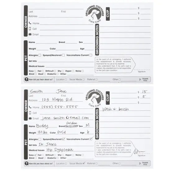 Juvale 100-Pack Pet Grooming Cards, Customer Information Cards - 8 x 5 Inches Cat or Dog Grooming Client Card and Contact Profile Extender, Pet Info Record Clip Card for Groomers {5}
