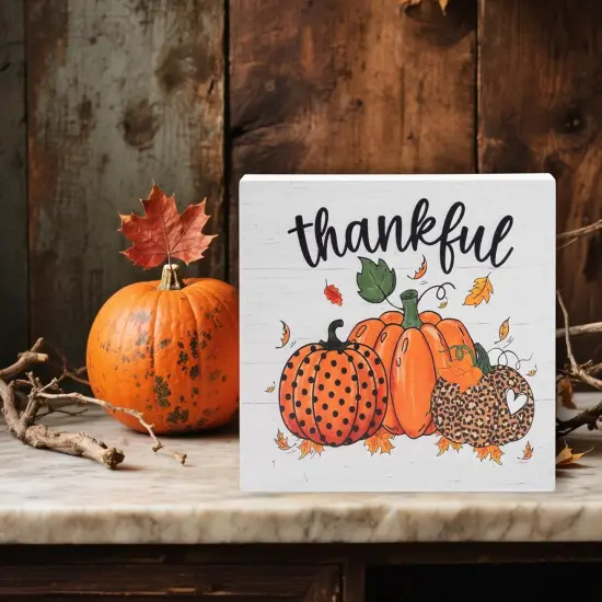 Fall Decorations for Home Office, Rustic Thankful Pumpkin Wood6 x 6 Inches {2}
