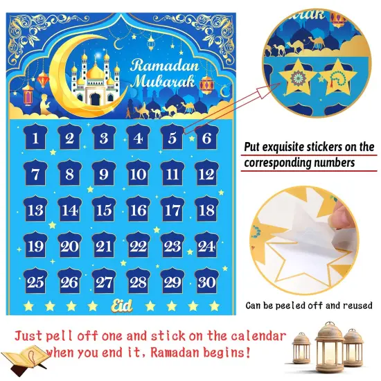 Ramadan Calendar, Eid Mubarak Calendar Countdown for Eid Party Supplies, Ramadan Advent Calendar Poster with 30 Countdown Star Stickers for Ramadan Mubarak Home Wall Decorations {5}