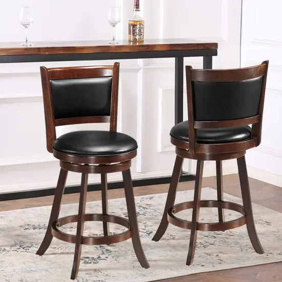 Costway Set of 2 24'' Swivel Counter Stool Wooden Dining Chair Upholstered Seat Espresso Panel back {3}