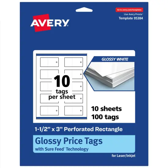 Avery Printable Perforated Rectangle Price Tags, Sure Feed Technology, 1-1/2" x 3", Glossy White Cardstock, Print-to-The-Edge, Laser/Inkjet Printable, 100 Total {7}