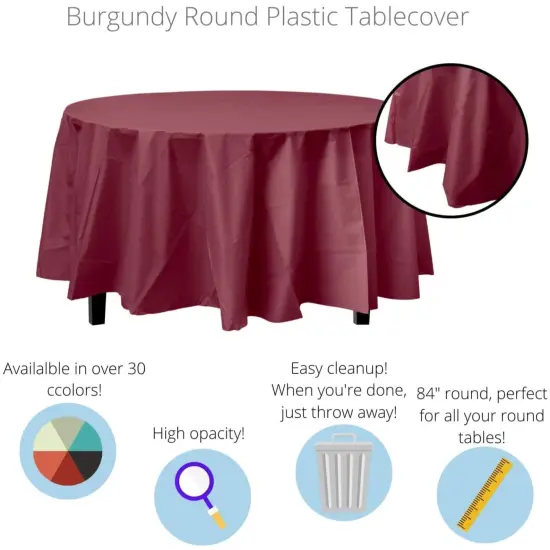 Exquisite Disposable Round Plastic Tablecloths &ndash; 6 Pack 84" Disposable Table Cloths &ndash; Indoor/Outdoor Party Tablecloth &ndash; Round Plastic Table Cover for Events & Party Supplies Burgundy {3}