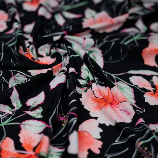 1 Yard Hibiscus Flowers on Black Printed Spandex Fabric 36" x 58/60" Length by Width {6}