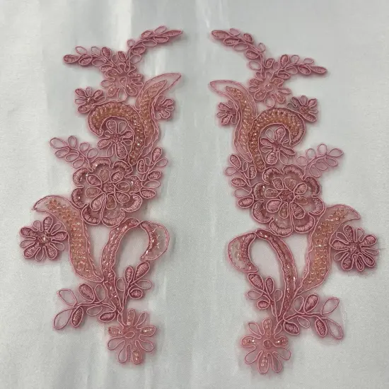 1 Pair Beaded & Corded Floral Lace Applique 9" x 2.5" Each Side Dusty Rose {1}