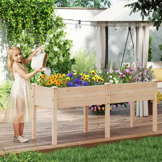 Costway Raised Garden Bed Elevated Fir Wood Planter Box with 2 Large Planting Areas Beige/Brown {10}