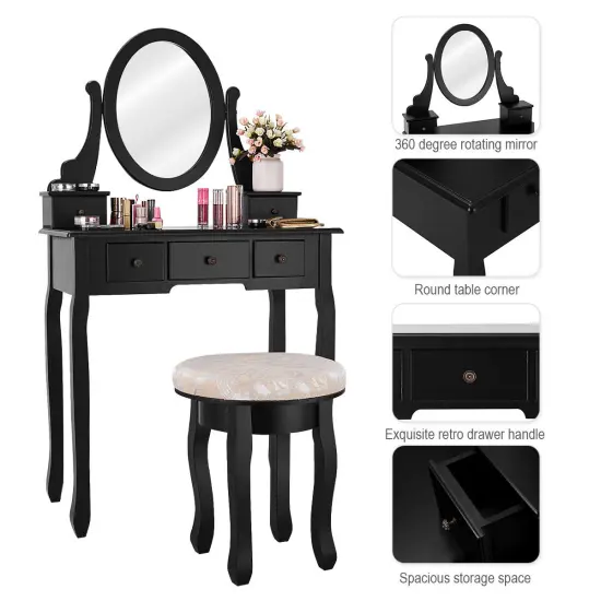 Costway Vanity Table Makeup Table Cushioned Mirror 5 Drawers Black {3}