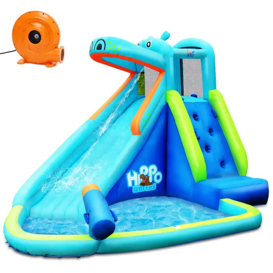 Costway Inflatable Kids Hippo Bounce House Slide Climbing Wall Splash Pool w/740W Blower {1}