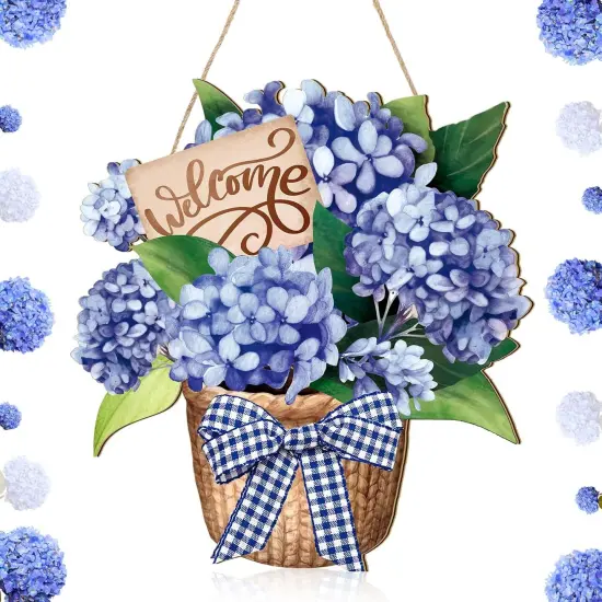 Summer Porch Sign Decor, Hydrangea Flowers Spring Wreath for Front Door, Welcome Hanging Sign for Home, Summer Decor Sign {1}