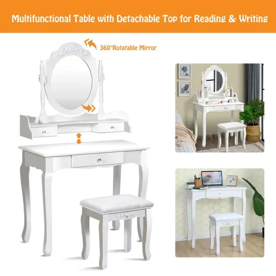 Costway White Vanity Wood Makeup Dressing Table Stool 3 Drawer {6}
