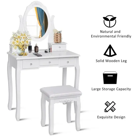 Costway Bedroom Wooden Mirrored Makeup Vanity Set Stool Table Set White 5 Drawers {2}