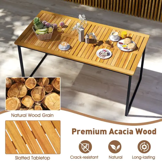 Costway Acacia Wood Dining Table for 6 People 55" Rectangle Patio Table with Umbrella Hole {5}