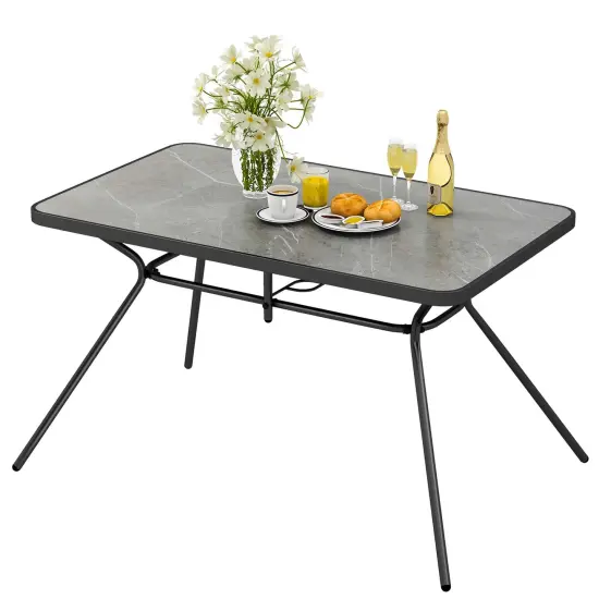 Costway Patio Rectangle Dining Table 49'' x 29.5'' Marble-Like Tabletop with Umbrella Hole {1}