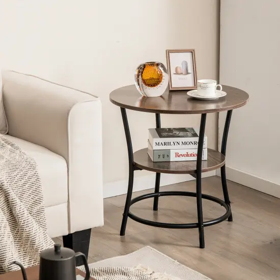 Costway 2 PCS 2-Tier Sofa Side End Table Round Nightstand with Sturdy Metal Frame Brown/Oak {9}