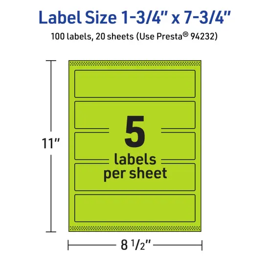 Avery Bright Green Paper Labels, 1.75" x 7.75" Rectangle {5}