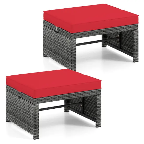Costway Patio Ottomans Set of 2 PE Rattan Footstools with Removable Cushions & Metal Frame Red/Gray/Black/White/Turquoise/Navy {1}