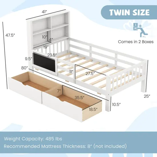 Costway Twin/Full Size Bed Frame with 2 Drawers Bookcase & Blackboard Full-length Guardrails {3}