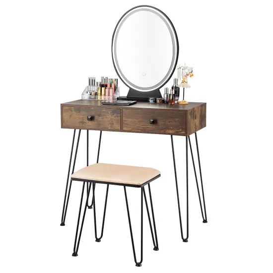 Costway Vanity Makeup Dressing Table W/ 3 Lighting Modes Mirror Touch Switch Rustic\Coffee {7}