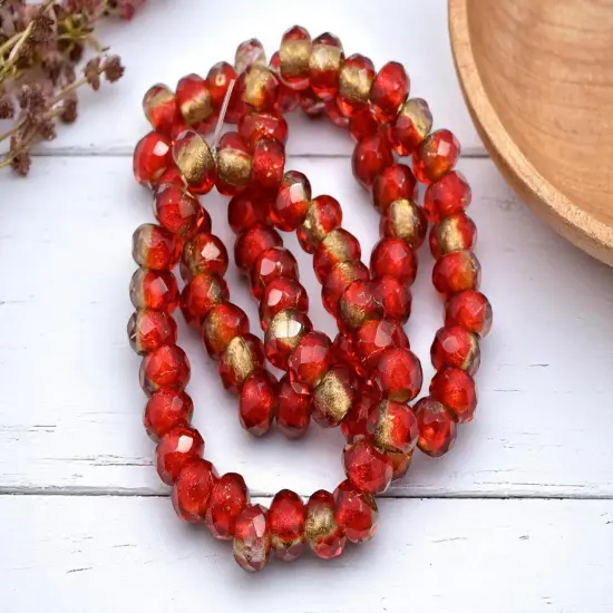 *25* 5x8mm Gold Lined Ruby Red Faceted Large Hole Rondelle Roller Beads {5}